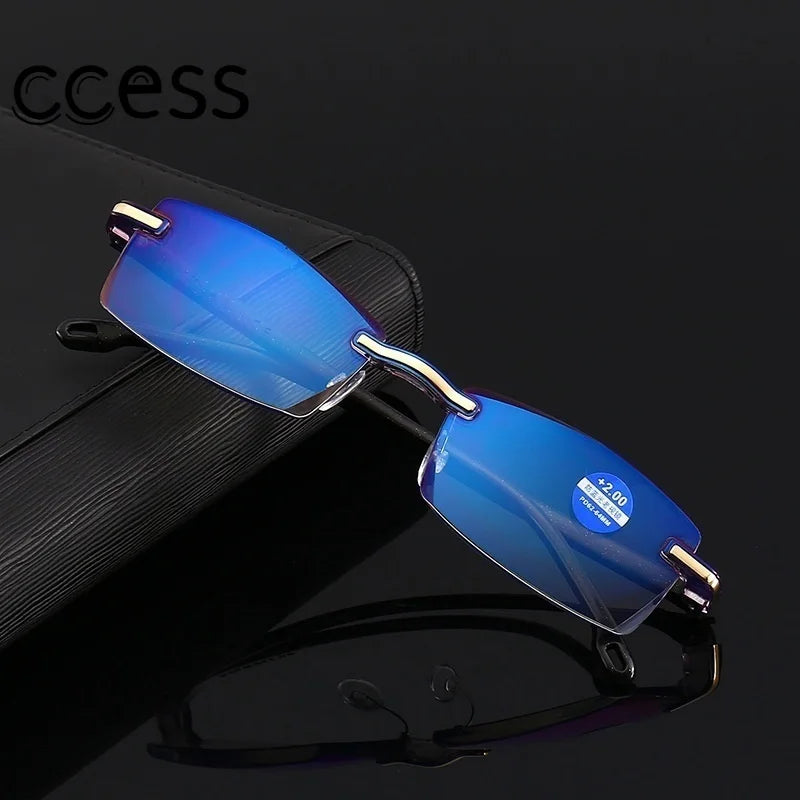 Frameless Square Reading Glasses for Men Women's Anti Blue Light Computer Eyeglasses Far Sight Presbyopia Reader Glasses Women