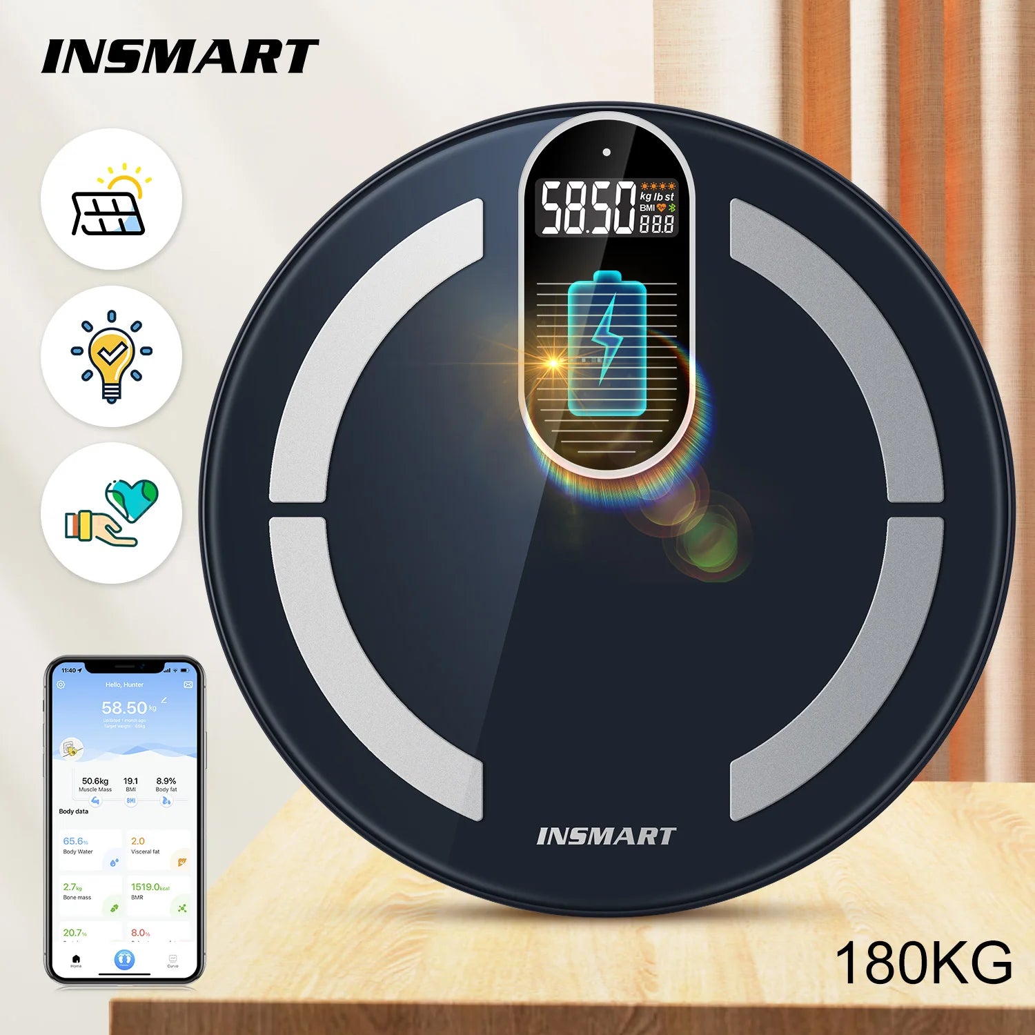 INSMART Body Digital Weight Scale Solar & Light Energy Charging Smart Scale Balance Bioimpedance Body Fat Bathroom Scales BMI