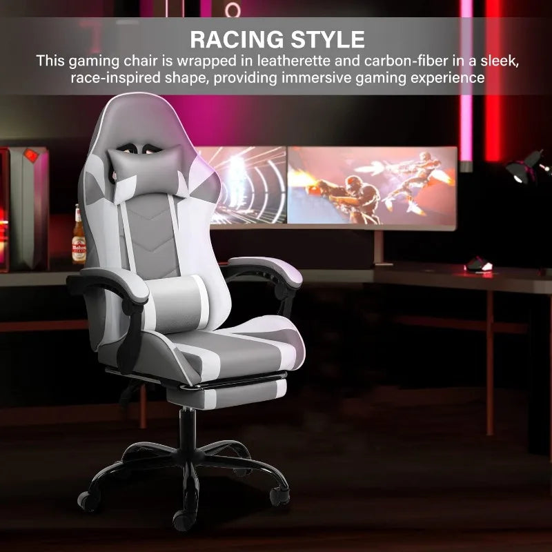 YSSOA White Gaming Chair with Footrest, Big and Tall Gamer Chair, Racing Style Adjustable Swivel Office Chair, Ergonomic