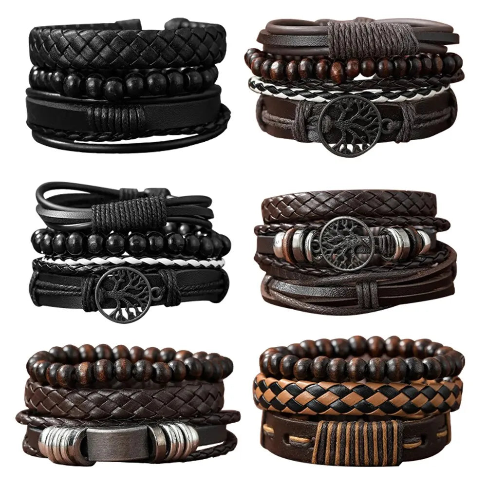 Set Of 3 Black Handmade Woven Pu Leather Bracelet For Men Multi Pack Fashion Vintage Braided Bangle As Birthday Gift