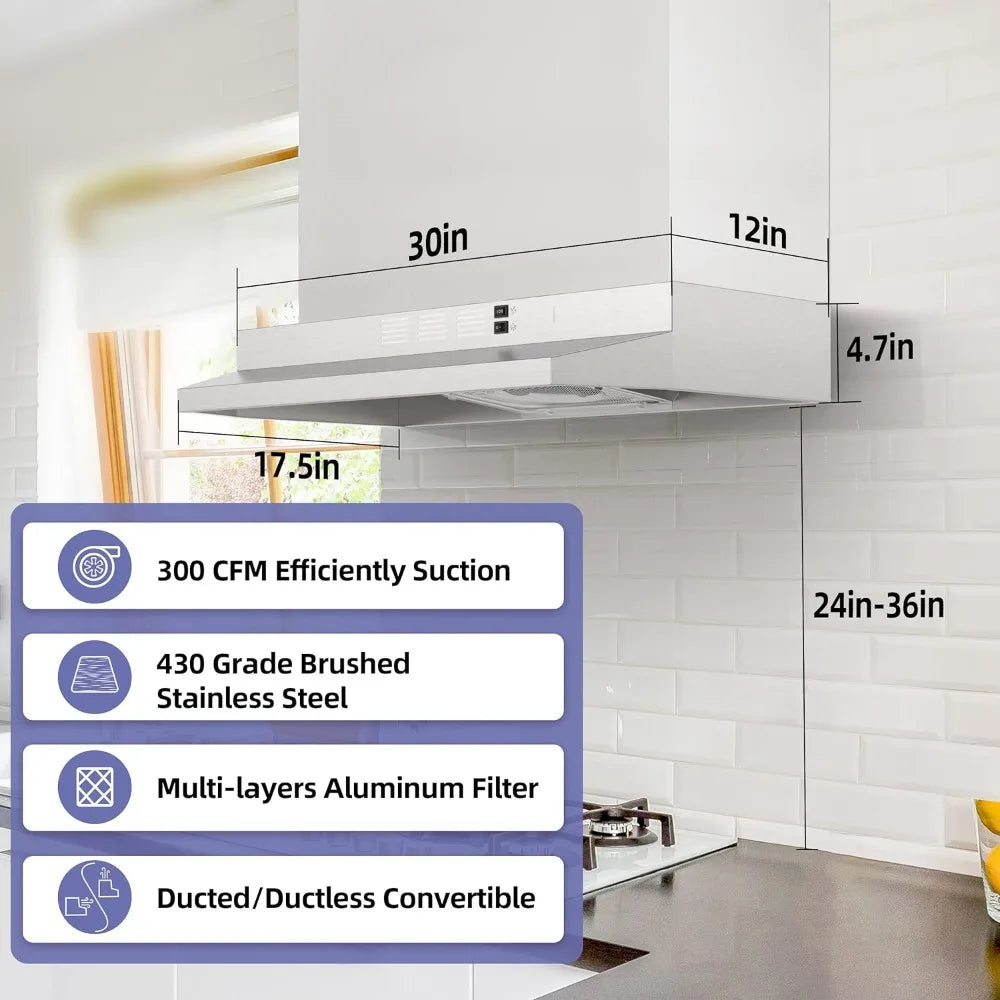 Range Hood Under Cabinet, Ducted/Ductless Convertible Stainless Steel Kitchen Range Hood with Rocker Button Control