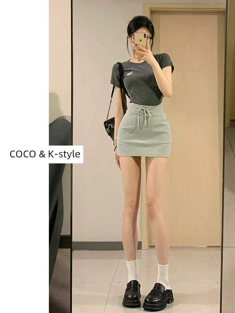 Gray Sexy Skirt Female 2024 Spring American Sports Drawstring High Waist Casual Easiest for Match A- line Hip-Wrapped Skirt