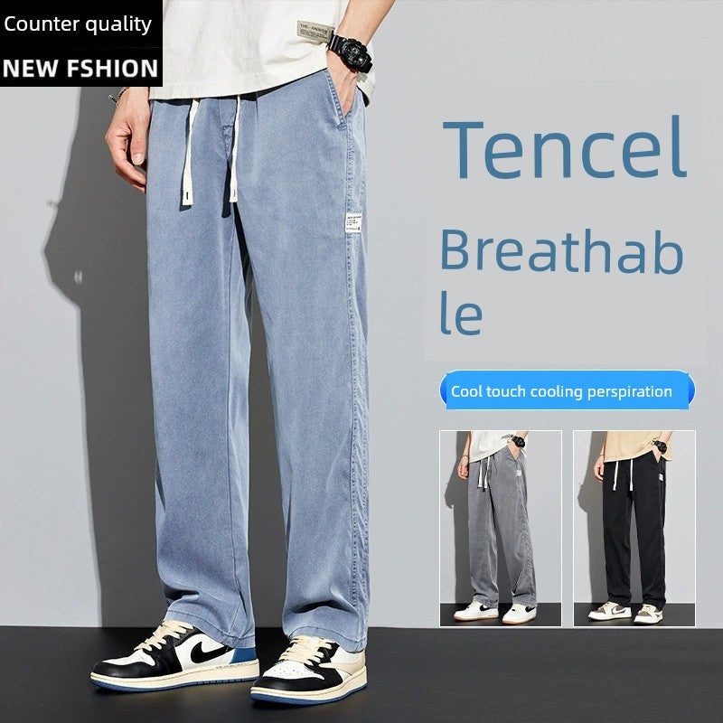 Nine Mu King Men's Pants Summer Wide Leg Ice Silk Casual Pants Men's Simplicity Loose Straight-leg Tencel Boys Sports Pants