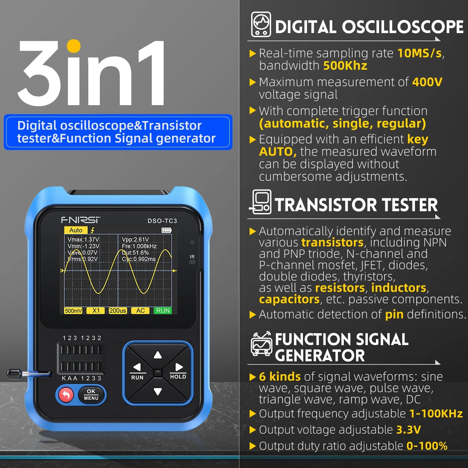 FNIRSI DSO-TC3 Digital Oscilloscope Transistor Tester Function Signal Generator 3 in 1 Multifunction Electronic Component Tester