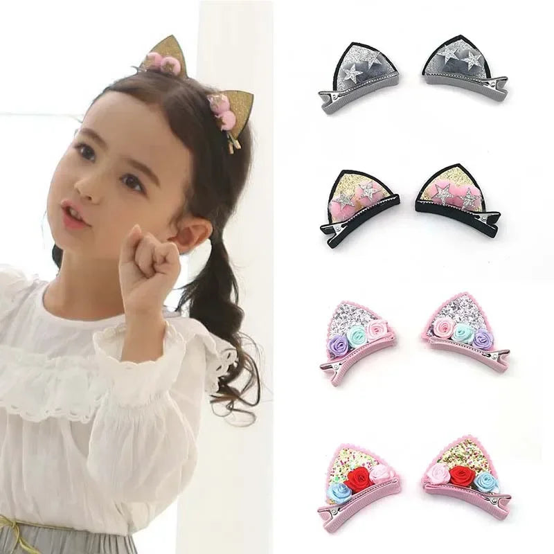 2Pcs Cute Cat Ear Hair Clips For Girls Glitter Rainbow Felt Fabric Flower Hairpins Barrettes Kids Headwear Baby Hair Accessories