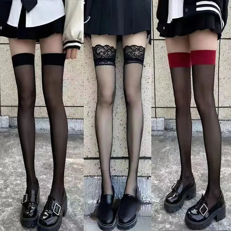 JK Costumes Women Sexy Thigh High Fishnet Stockings Lolita Girls Gothic Punk Transparent Over Knee Red Wide Edge Long High Socks