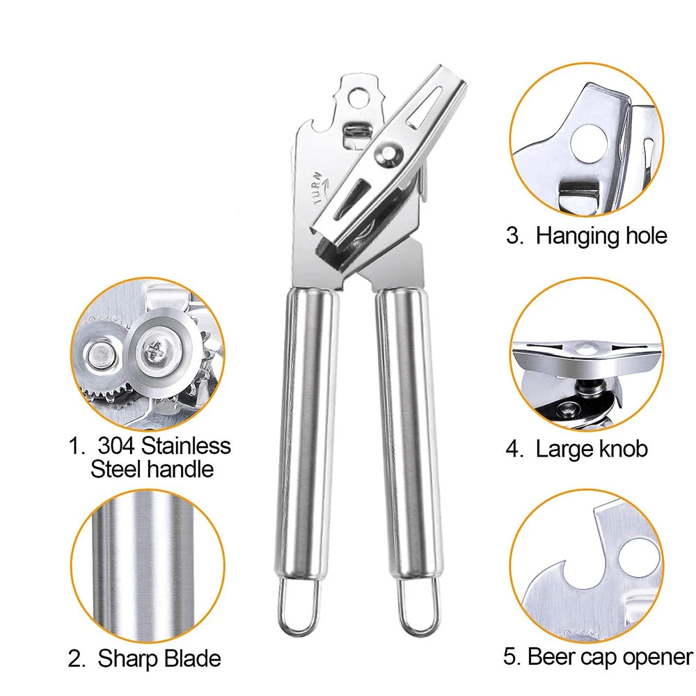 Can Opener Kitchen Accessories Gadget Sets Bottle Openers Stainless Steel Ergonomic Manual Kitchen Tools Free 2 Blades