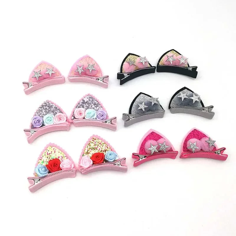 2Pcs Cute Cat Ear Hair Clips For Girls Glitter Rainbow Felt Fabric Flower Hairpins Barrettes Kids Headwear Baby Hair Accessories