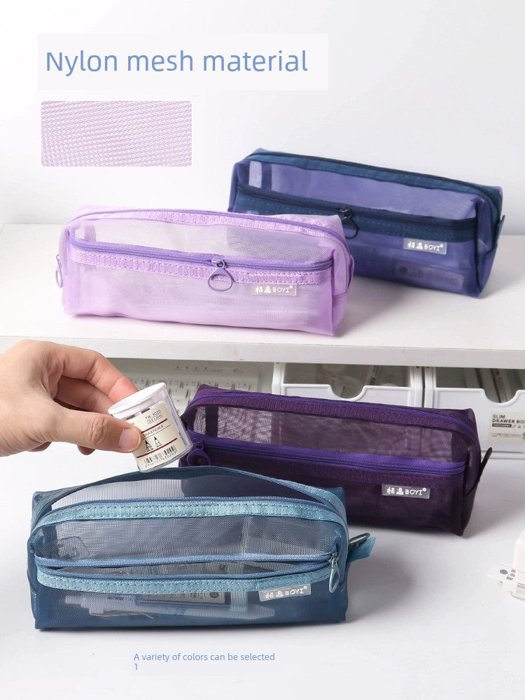 Pure Color Series Transparent Double Layer Student Mesh Pencil Case