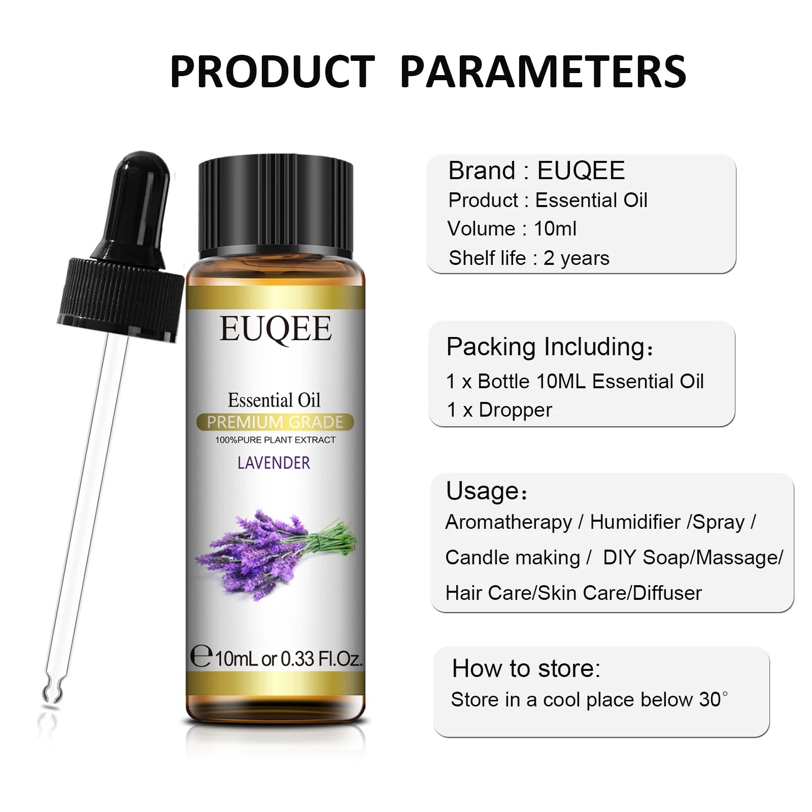 EUQEE 10ml with Dropper Natural Plant Essential Oil For Diffuser Lavender Spearmint Jasmine Eucalyptus Neroli Essential Oils