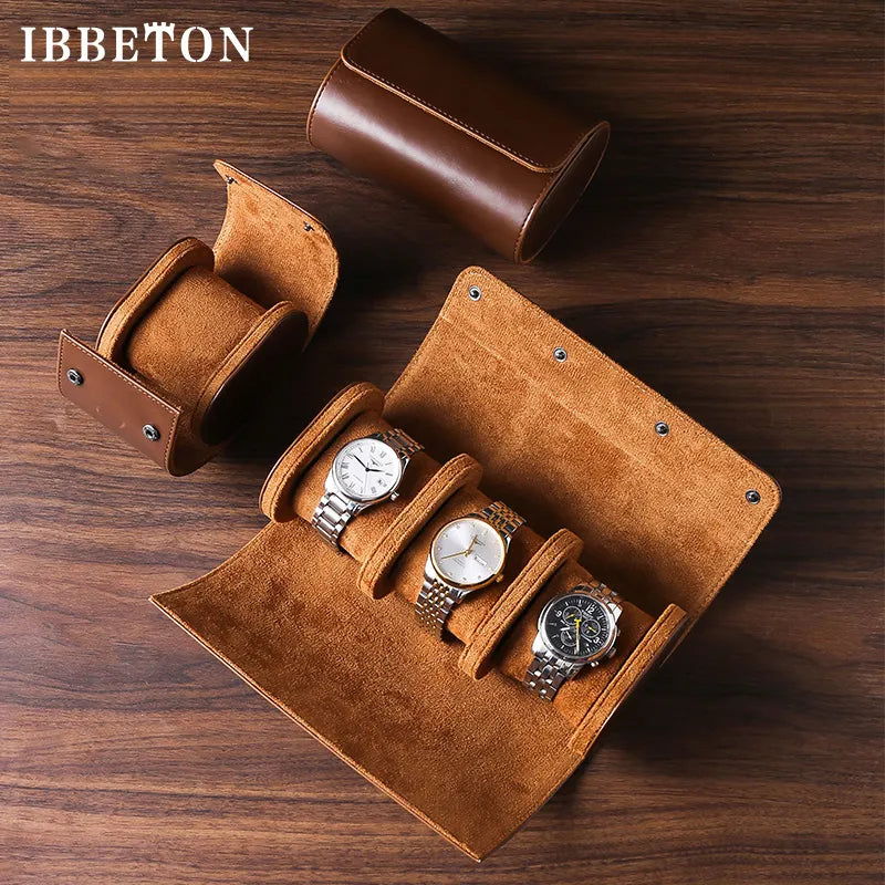 IBBETON 3-Slot Watch Roll Travel Case Portable Vintage Leather Watch Display Case Watch Storage Box Watch Organizers of Men Gift