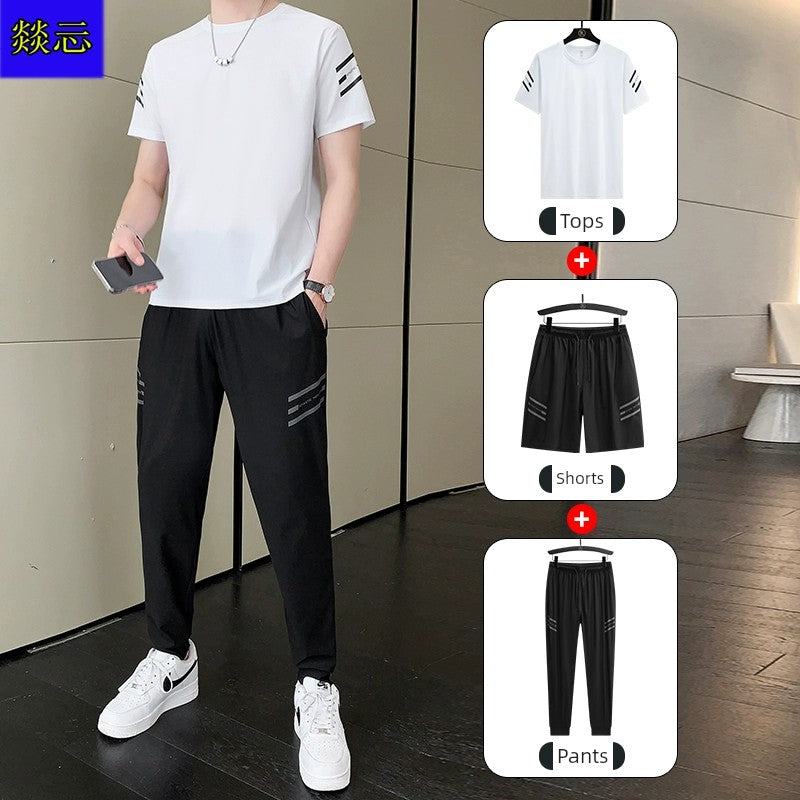 Sports Suit Ice Silk Quick-Drying Men T-Shirt Summer Thin Trendy Loose Short Sleeve Shorts Basketball Wear Set Running