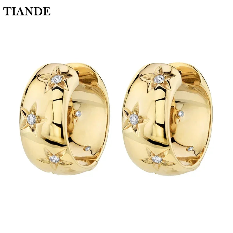 TIANDE Gold Plated Big Hoop Earrings for Women Fine Zircon Star Round Circle Piercing Earrings Fashion Party Jewelry Accessories