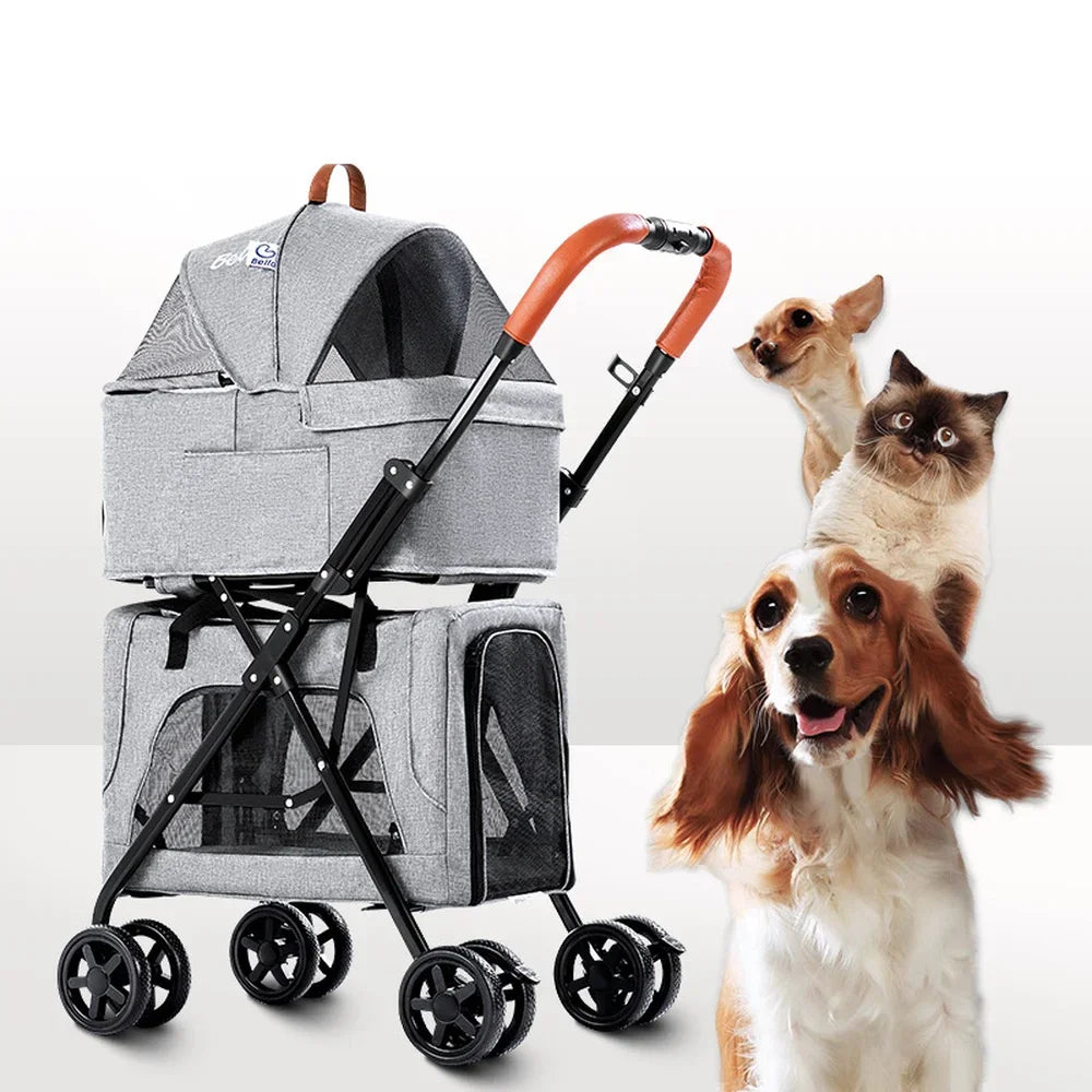 Detachable 2 Layer Pet Stroller Foldable Dog Trolley Portable Cat Cage Cat Carrier Dog Stroller Load Bearing 20kg Dog Carrier