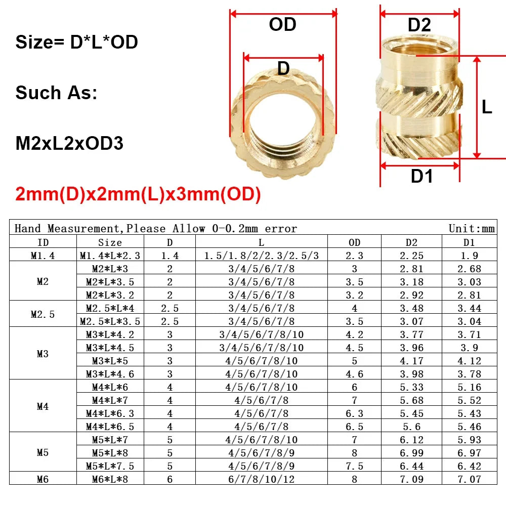 M2 M2.5 M3 M4 M5 M6 Brass Insert Nut Hot Melt Heat Knurled Embed Injection Copper Insertnut 3D Print Plastic Board Nuts Inserts