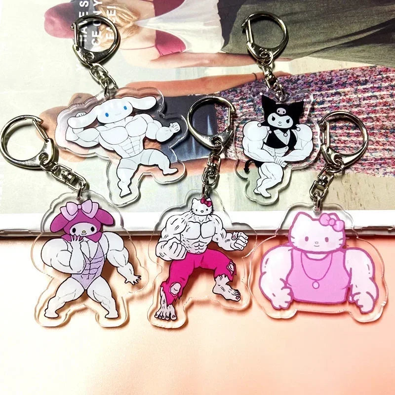 Funny Muscle Keychain Anime Hello Kittys Kawaii Girls Keychain Fitness Macho My Melodys Backpack Couple Pendant Toy Gift