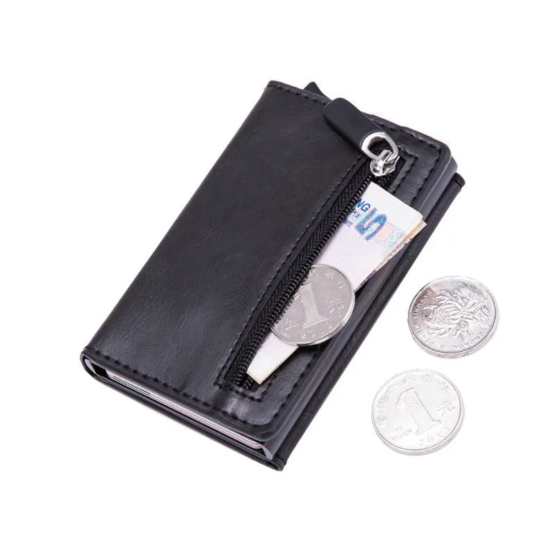 DIENQI Anti Rfid id Card Holder Case Men Leather Metal Wallet Male Coin Purse Women Mini Carbon Credit Card Holder With Zipper