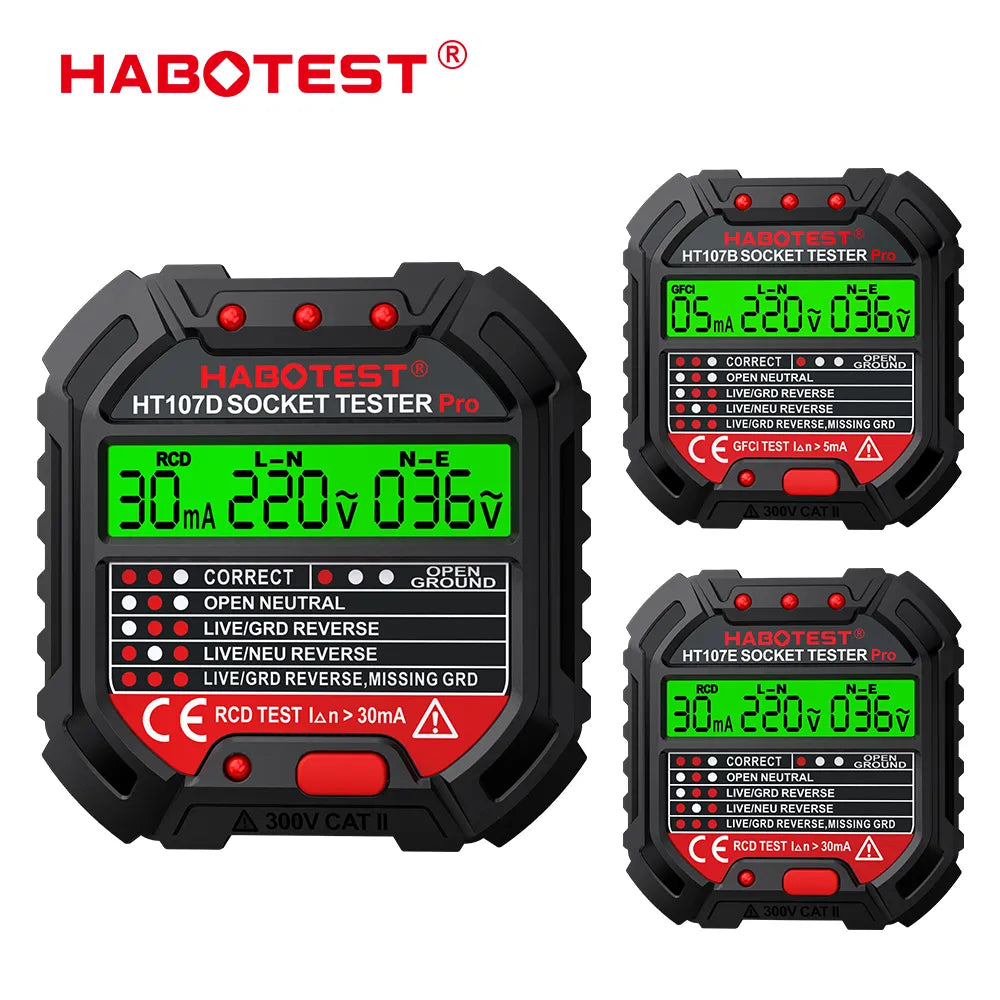 HABOTEST HT107 Pro Socket Tester Voltage Test Socket Detector EU Plug Ground Zero Line Plug Polarity Phase Check