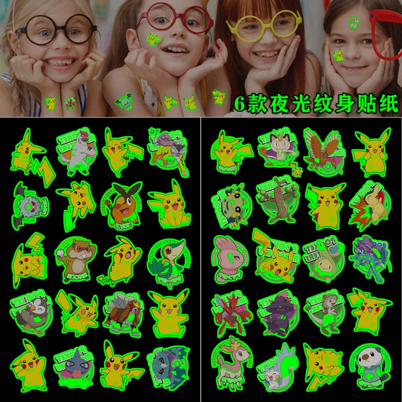 New Pokemon Pikachu Glow-in-the Dark Tattoo Stickers Anime Cartoon Children Temporary Tattoo 1pcs Boy Girl Birthday Gift