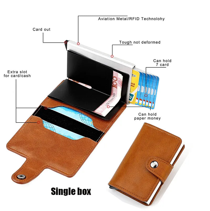 Custom RFID Blocking Men Wallet Credit Card Holder Leather Card Wallet Double Metal Box ID Card Holder Money Clip Purse New 2023