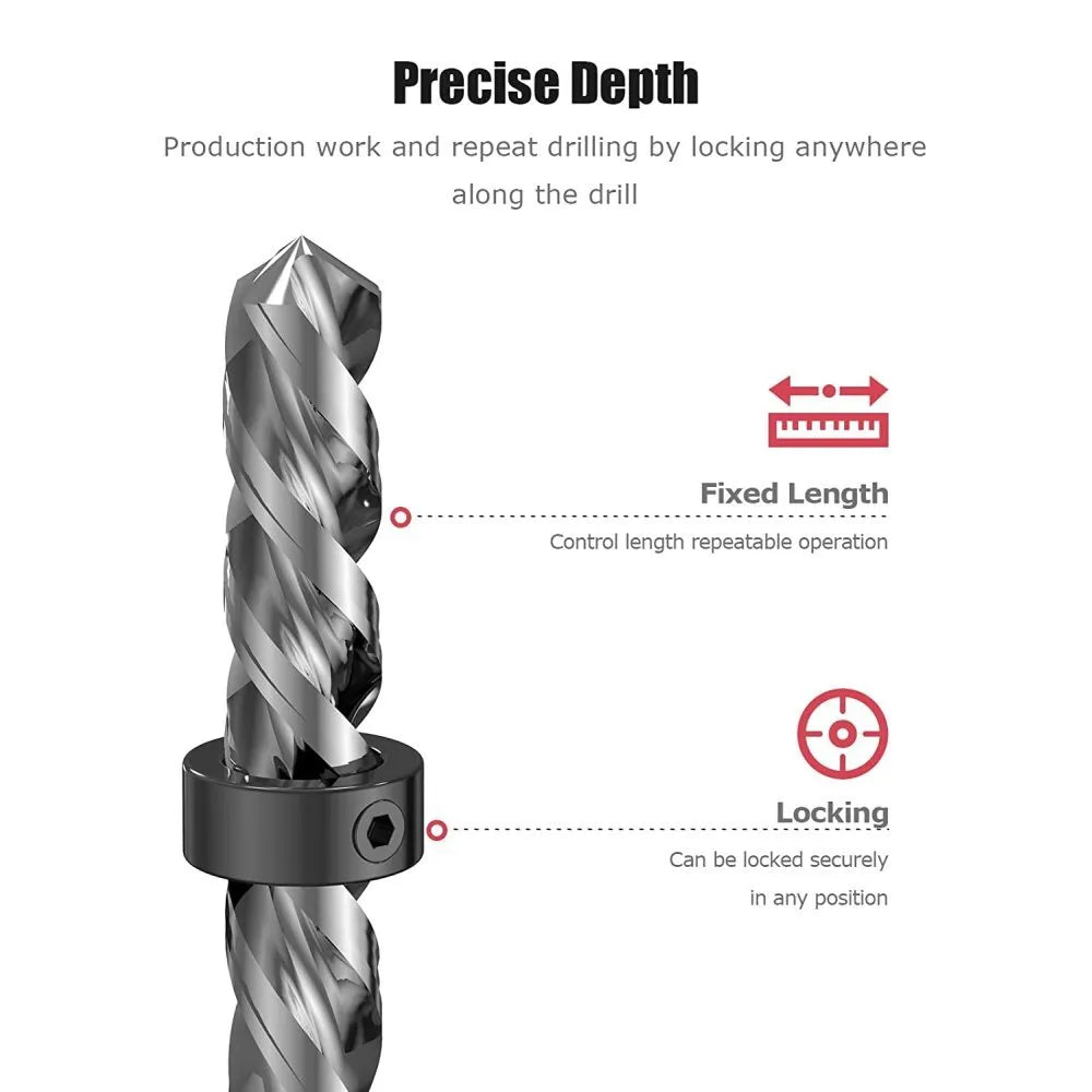 Drill Depth Stop Bit Collar Set Adjustable Positioner Limit Ring Allen Wrench Tighten The Stopper Set-Screws Woodworking Tool