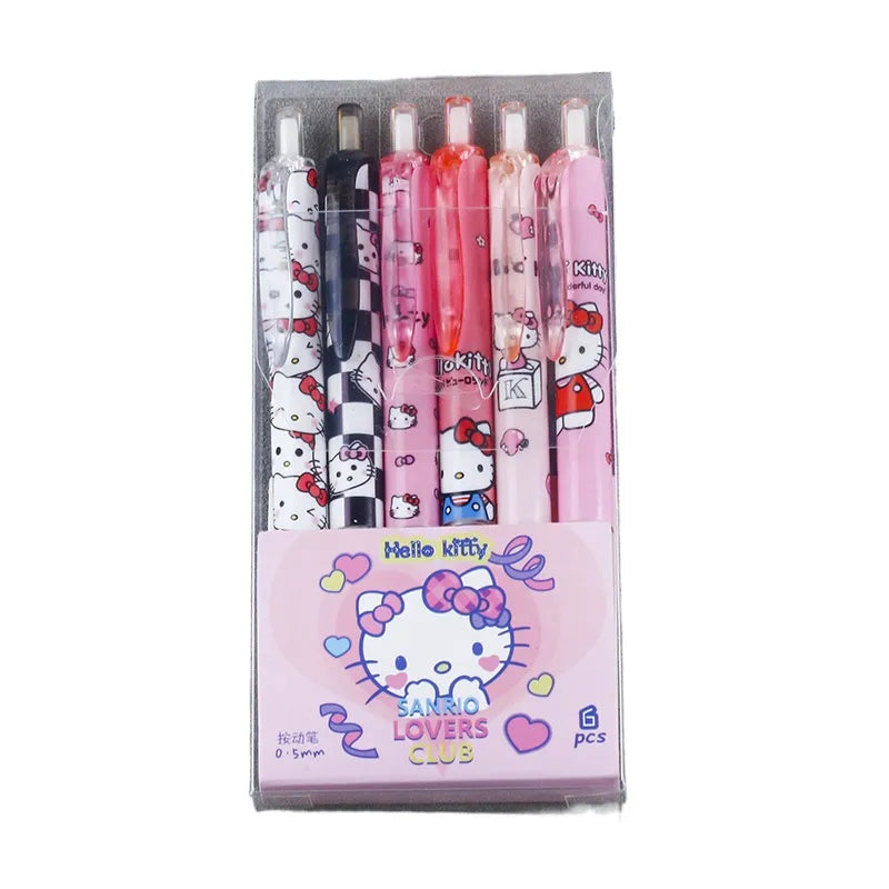 Sanrio 6 pcs Cartoon Gel Pen Kawaii Hello Kitty Kuromi Cinnamoroll Stationery 0.5 Black With Metal Hook Office Write Cute Pens