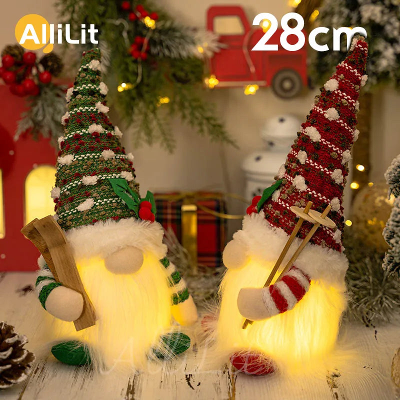 AlliLit 2024 Christmas Doll Sled Elf Ski Gnome with Led Light Christmas Decorations for Home Xmas 2024 New Year 28cm