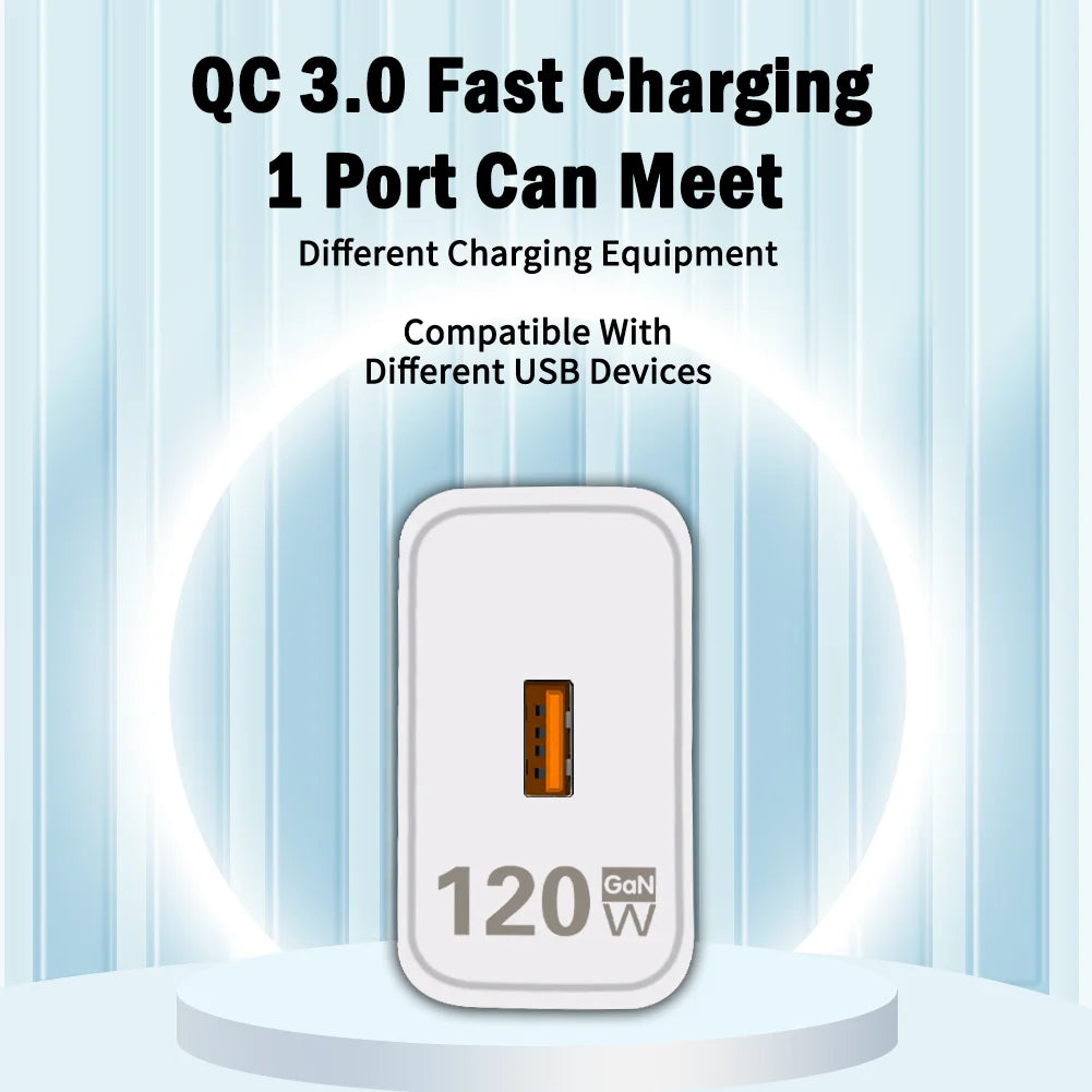 120W Fast Charger GaN USB Fast Charging Mobile Phone Adapter Quick Charge 3.0 Wall Charger 10A Type C Cable For iPhone Xiaomi 13