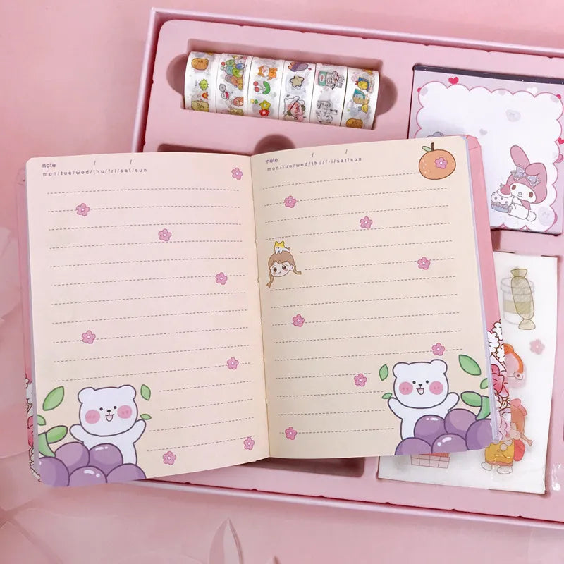 Sanrio Kuromi Melody Cinnamoroll Cartoon Handbook Set Combo Cute Girl Tape Stickers Notepad Pen School Student Gift Prize