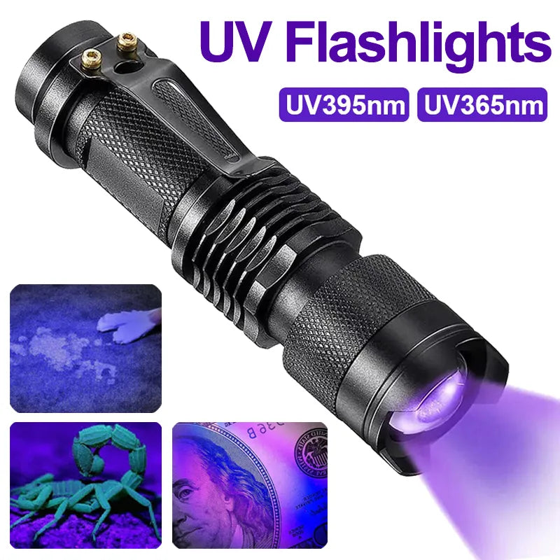 LED UV Flashlight 365/395nm Portable Mini Ultraviolet Torch Waterproof Zoomable Violet Light Pet Urine Scorpion Detector UV Lamp