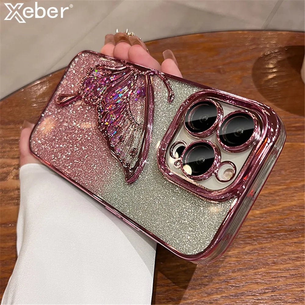 Gradient Glitter Butterfly Quicksand Plating Clear Phone Cases for iPhone 15 11 12 13 14 Pro Max Shockproof Soft Silicone Cover