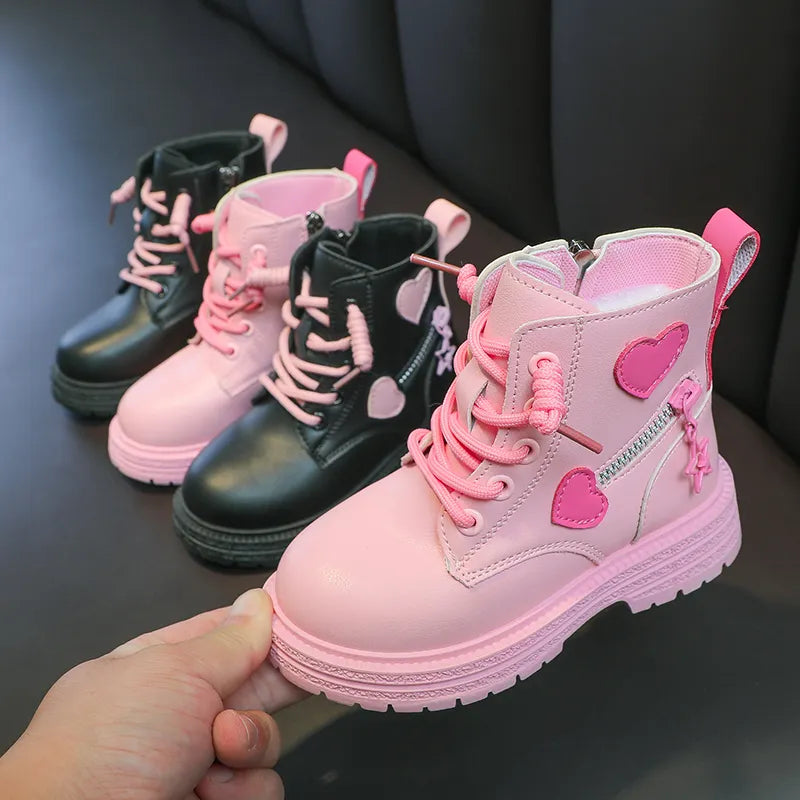 Girls Boots Kids Fashion Rubber Boots Cool Girl Autumn and Winter Cotton Soft Sole Pink with Love Side Zip Princess Round-toe PU