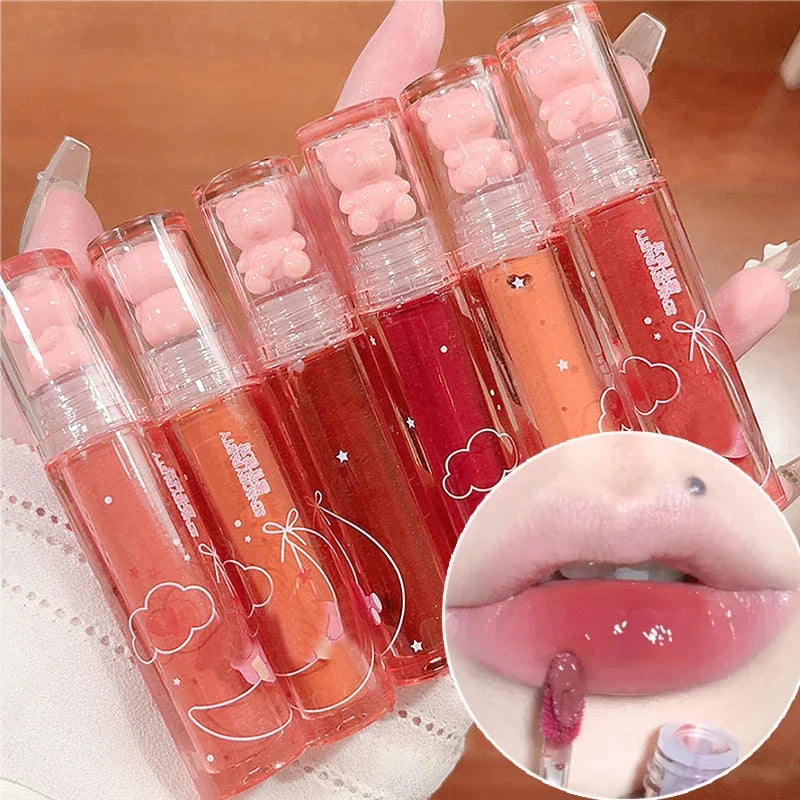 Cute Pink Bear Water Light Lip Gloss Lasting Crystal Glossy  Lip Glaze Mirror Nude Liquid Lipstick Women Lips Makeup Cosmetics