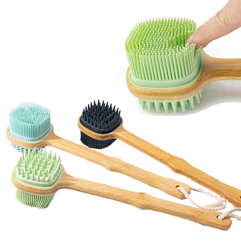 1pc Silicone Brush Head Back Scrubber Shower Brush With Long Wooden Handle Dry Skin Exfoliating Body Massage Cleaning Tool