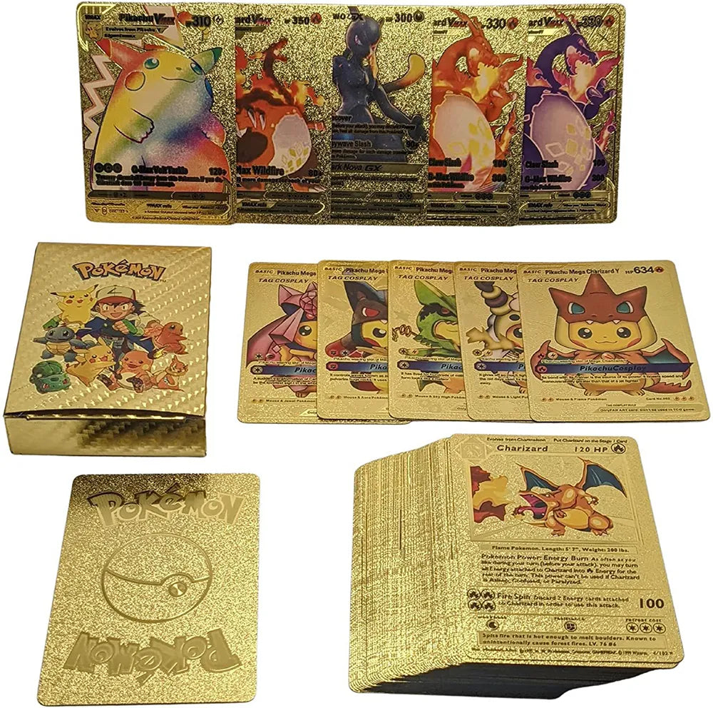 Pokemon Gold Pikachu Cards Box Golden Silver Spanish/English/French Playing Cards Charizard Vmax Gx Game Card Boy Gift