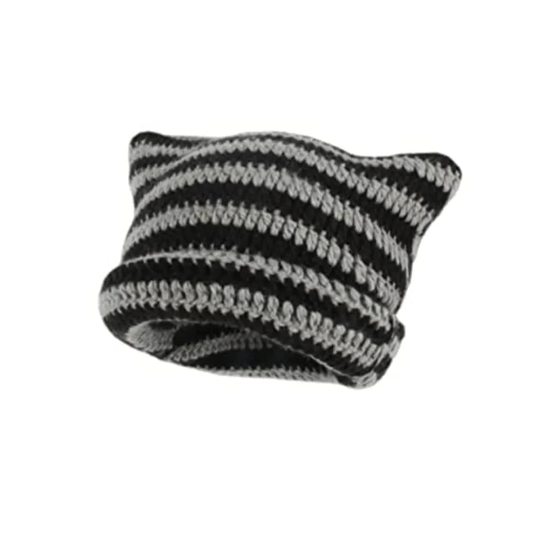 Cute Cat Ears Beanie Hats for Women Winter Striped Korean Punk Gothic Y2K Wool Knitted Streetwear Handmade Crochet Bucket Cap