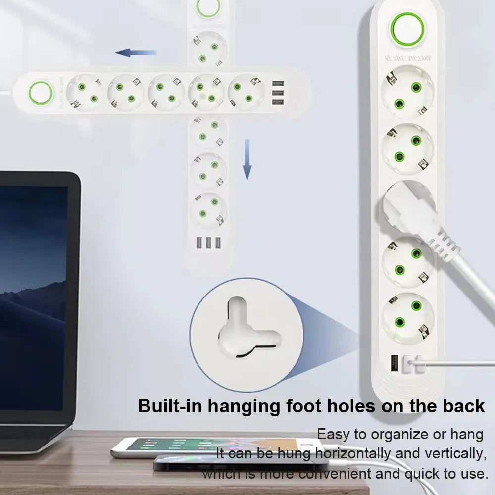 EU Plug Power Strip with 3 USB Ports Extension Cord Socket Network Filter Round Pin AC Outlet 2500W Electrical Charge Adapter