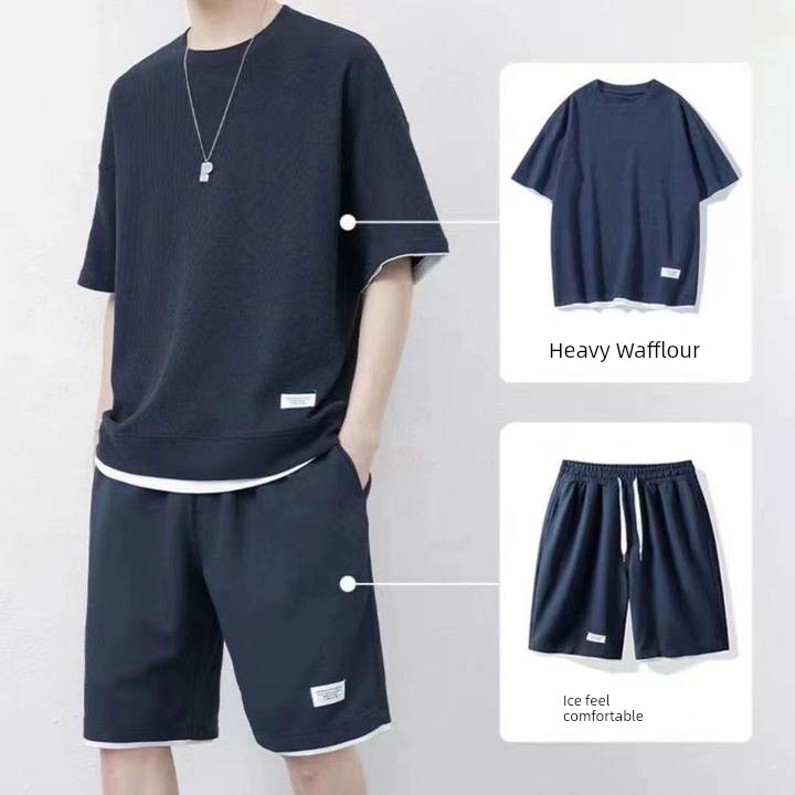 Waffle Casual Suit Men Summer Youth Plus Size Men's Sports Short Sleeve Shorts Matching a Set of T-shirt