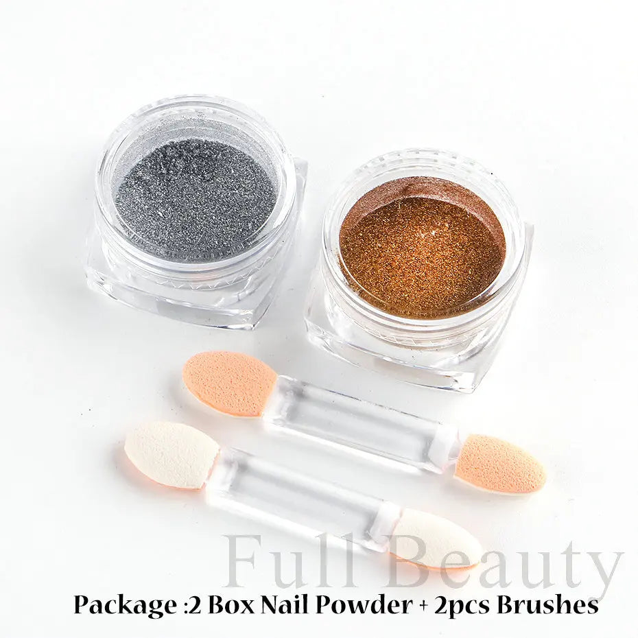 2pcs Nail Mirror Glitter Powder Gold Silver Metallic Effect Pigment Gel Polish Chrome Flakes Dust Holographic Decoration NFC000