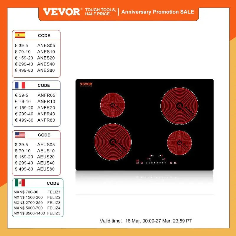 VEVOR 2/4/5 Burners Built-in Induction Stove Top 12/24/30in Ceramic Glass Electric Cooktop For Household Commercial  Cooking