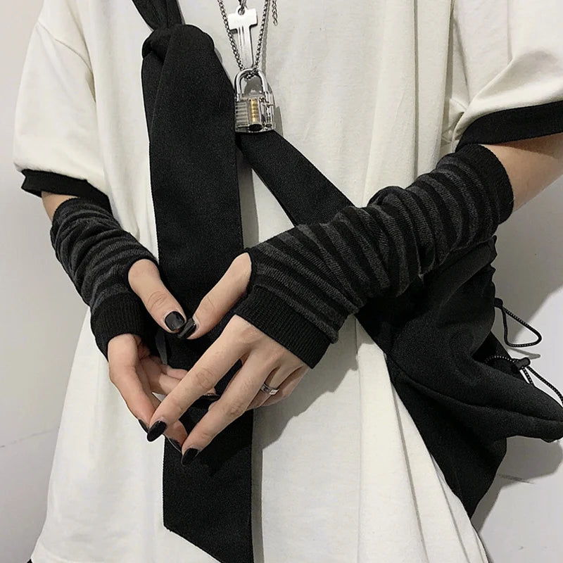 Black Punk Long Fingerless Gloves Cuff for Women Men Outdoor Hip-hop Glove Elbow Mittens Cool Stretch Winter Arm Warmer Mitten