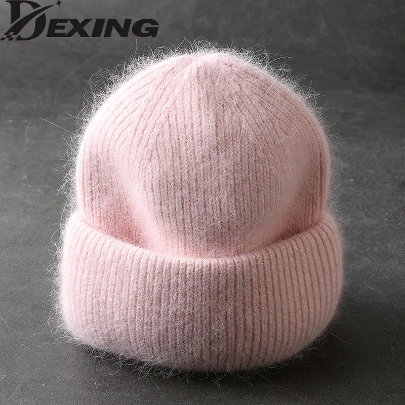 Rabbit Fur Beanies Soft Warm Fluffy  Winter Hat for Women Angora Knitted Hat  Skullies Beanies Female Bonnet Woman Knit Cap