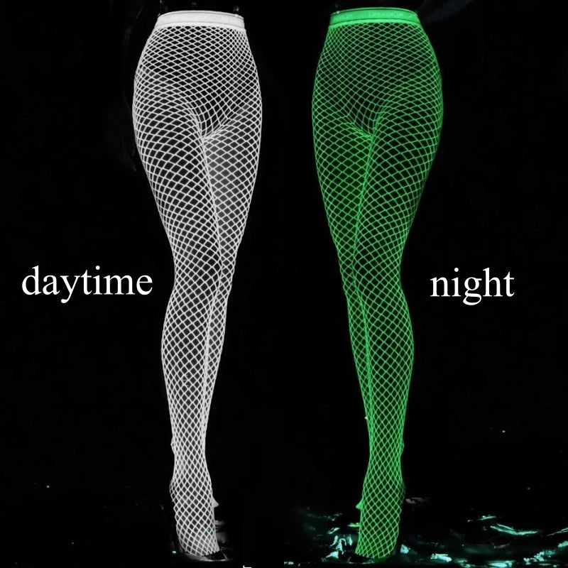 Fantasias Sexy Erotic Glowing Hollow Out Mesh Fishnet Bodysuit Bodystockings Hot Pole Dacne Clubwear Luminous Babydoll Dress