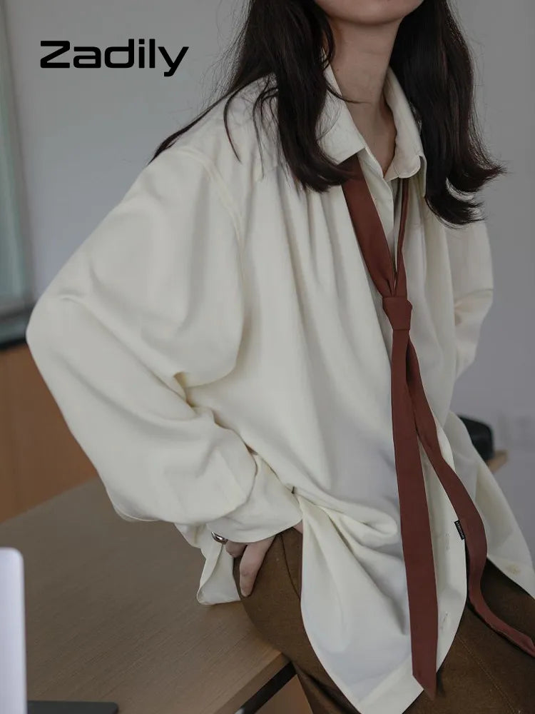 Zadily 2023 Spring Minimalist Long Sleeve Button Up Shirt Women Korean Style Solid Tie Oversize Shirts Blouse Loose Clothes Tops