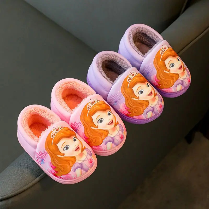 Disney Princess Elsa Winter Children's Heel Cotton Slippers Girls' Warm Frozen Kids' Cotton Black Purple Flats Shoes Size 24-40