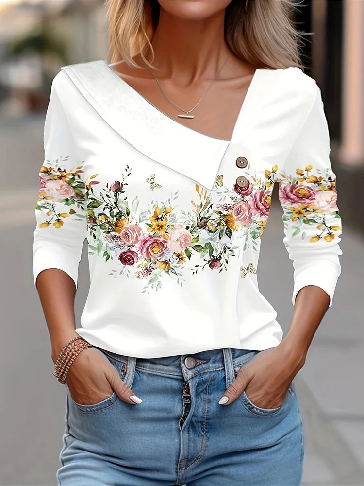 T Shirt For Women Fashion Long Sleeve Top White Floral Print Shirts And Blouses Autumn Winter Clothes For Women 2024