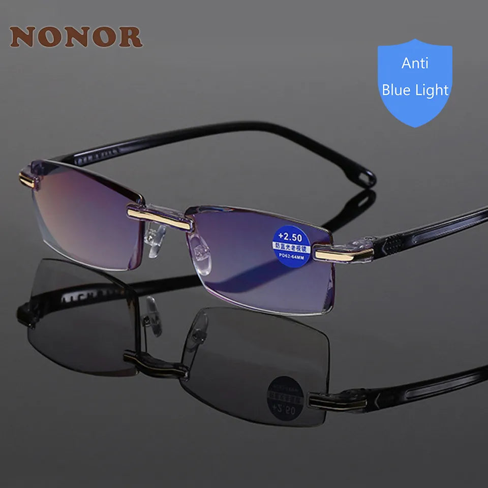 NONOR Reading Glasses Men Anti Blue Rays Presbyopia Goggles Women Vintage Rimless Eyewear Diopter +1.0 1.5 2.0 2.5 3.0 3.5 4.0