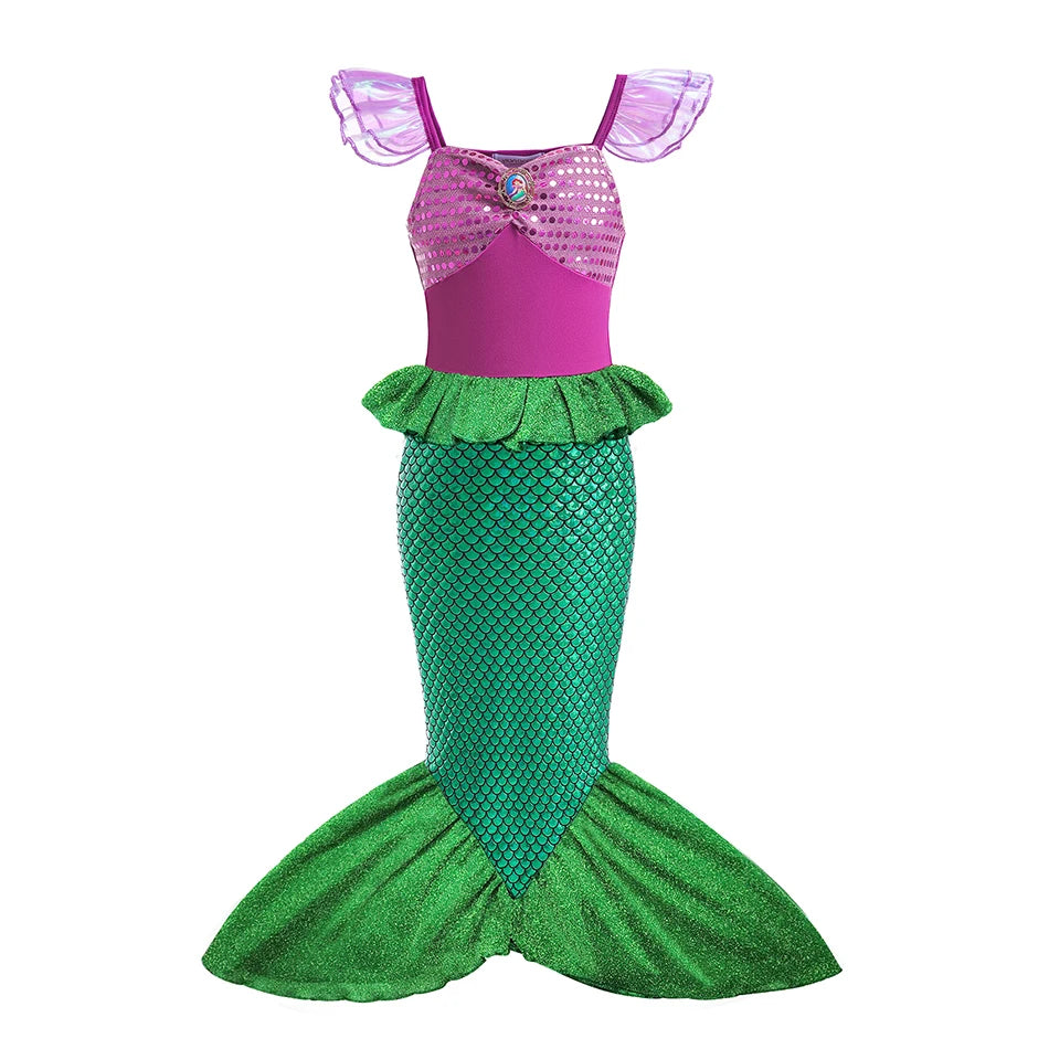 Disney Little Mermaid Ariel Princess Dress For Girls Short Sleeve Tulle Cosplay Costume Children Carnival Birthday Party Clothes