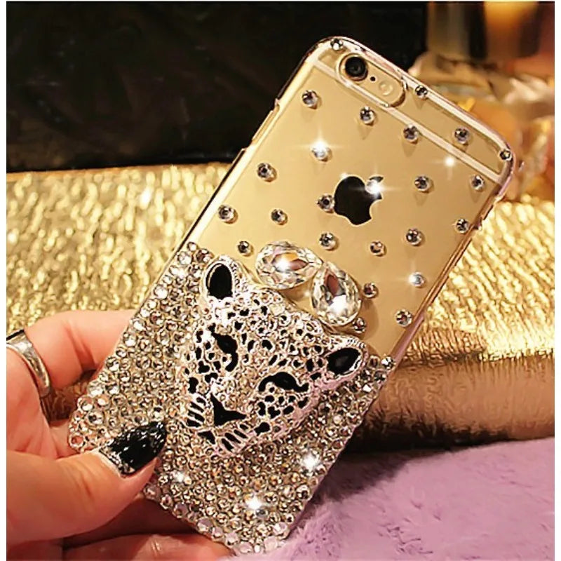 Luxury Hot Tiger Leopard Head Diamond Rhinestone Crystal Bling Phone Cases for Iphone 15 14Pro 13 12 11 Pro 15ProMAX 7 8 Plus