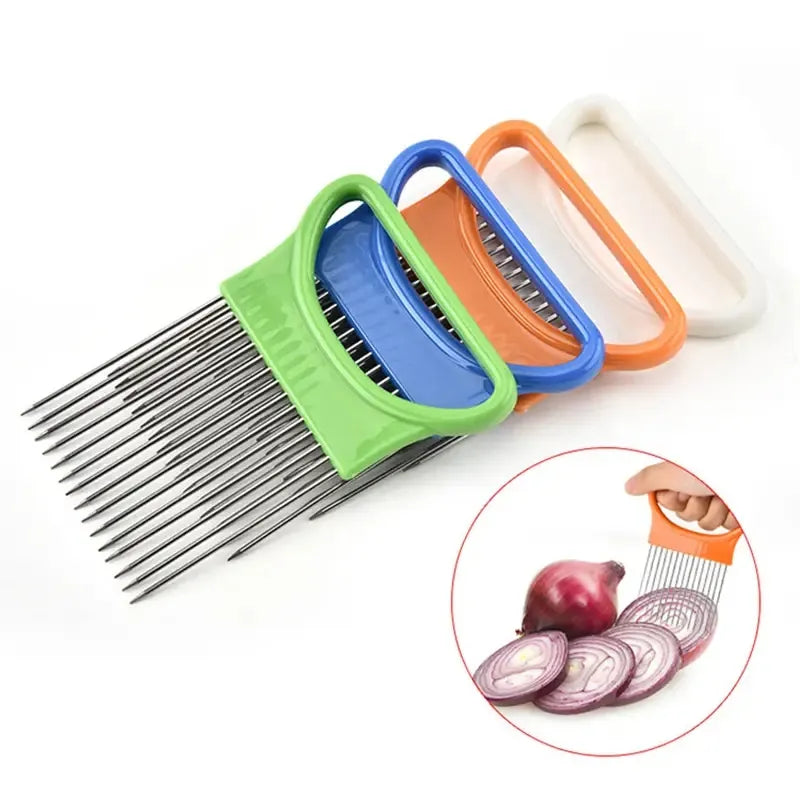 Effortlessly Slice Onions with this 1pc Colorful Onion Slicer Kitchen stainless steel potato chip onion holder for chopping assi